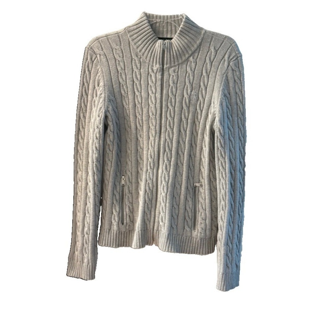 Vtg 90s Lauren Ralph Lauren Gray Cable Knit Full Zip Sweater Jacket Cotton L **